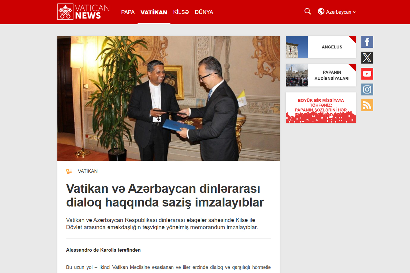 Azərbaycanla Vatikan arasında imzalanan Memorandum xarici mətbuatda geniş işıqlandırılıb - Image 6